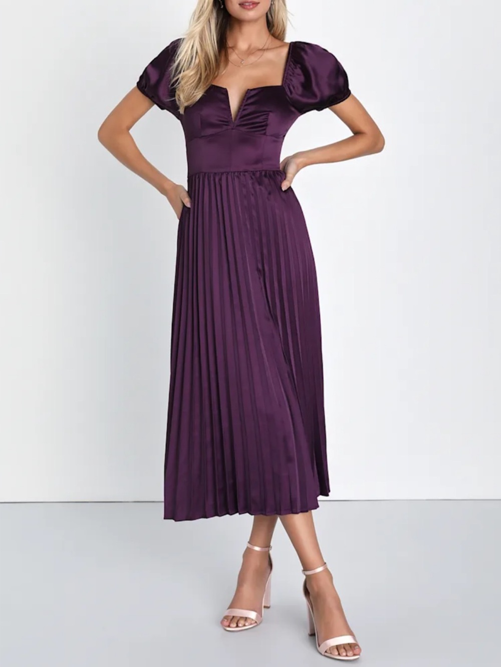 Lulu's Deep Purple Pleated Midi Dress with Puff Sleeves